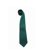 A rolled dark green tie with a smooth finish, featuring a simple design and a pointed tip.