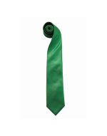 A green fashion tie rolled up, featuring a sleek and shiny fabric finish. It includes a logo.