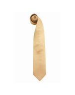 A rolled tie in a light beige colour, featuring a smooth texture and a pointed end. It has a logo on it.