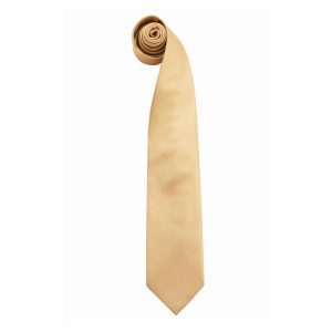 A rolled tie in a light beige colour, featuring a smooth texture and a pointed end. It has a logo on it.