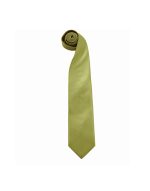 A plain green tie is displayed, neatly rolled up. It has a slim design and a smooth texture.