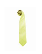 A rolled light yellow tie with a smooth finish, featuring a logo. Ideal for formal occasions.