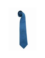 A blue tie neatly rolled, featuring a smooth texture and a pointed tip, accompanied by a logo.