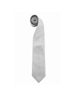 A light grey tie, rolled neatly for display, featuring a simple design and a logo.
