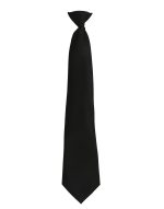 A sleek black tie with a classic design, featuring a simple knot and a smooth finish. It has a branding logo.