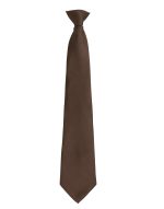 A brown fashion clip tie with a smooth finish, featuring a simple design and a logo at the base.