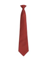 A red tie with a slim design, featuring a knotted top and a smooth finish. It has a branding logo.