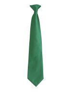 A green tie with a sleek, smooth design and a neck loop, featuring a logo.