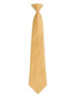 A yellow fashion clip tie with a sleek design, featuring a knot at the top and a plain finish.