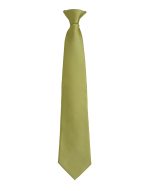 A green tie featuring a sleek design and a pointed tip, complemented by a simple logo.
