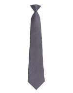 A grey tie with a textured finish and a classic design, featuring a branding logo.