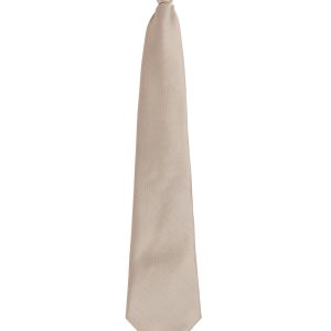 A beige tie with a sleek design, featuring a branding logo. Perfect for formal occasions and clothing accessories.