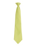 A lime green tie with a smooth finish and a standard width. Includes a branding logo near the knot.