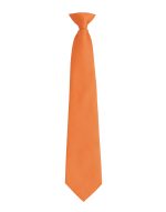 An orange clip tie featuring a clean, simple design. It has a logo but no visible text or badges.