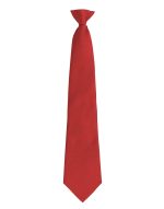 A solid red tie with a sleek design and pointed tip, featuring a branding logo.