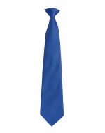 A blue fashion clip tie with a smooth finish and a classic design, featuring a logo on the clip.