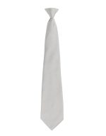 A light grey tie with a classic design, featuring a pointed tip and a loop at the neck. Includes a logo.