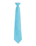 A light blue fashion clip tie with a sleek design and a logo at the top.