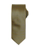 A tie featuring a yellow and navy blue houndstooth pattern, neatly rolled for display. It includes a logo.