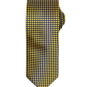 A tie featuring a yellow and navy blue houndstooth pattern, neatly rolled for display. It includes a logo.