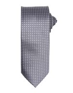 A grey tie featuring a textured pattern, rolled and displayed against a plain background. It includes a logo.
