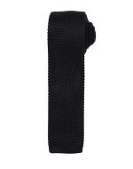 A black slim knitted tie featuring a textured design, showcasing a modern and stylish look.