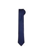 A navy slim tie with a smooth finish, neatly rolled at one end. The tie has a simple, elegant design.