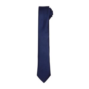 A navy slim tie with a smooth finish, neatly rolled at one end. The tie has a simple, elegant design.