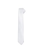 A slim white tie with a smooth finish, neatly rolled at the top, featuring a logo.