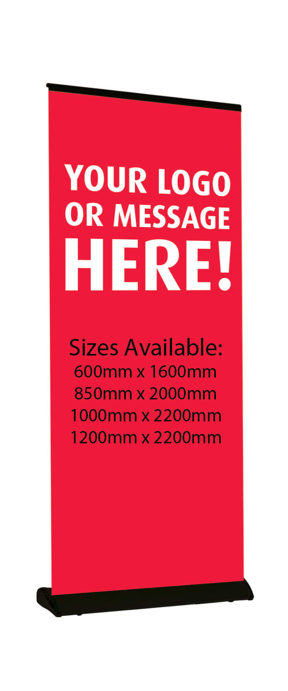 A red pull-up banner featuring a black base, displaying space for a logo or message. Premium Pull Up Banner 600mm x 1600mm - Image 1