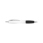A plastic pen with a white body, black grip, and silver accents. It features a branding logo.