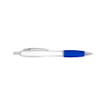 A plastic pen with a white body and blue grip, featuring a silver clip and trim, along with a branding logo.