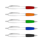 A collection of five plastic pens in red, orange, green, blue, and black, featuring a white barrel and a logo.
