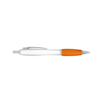 A plastic pen in white with an orange grip and silver accents, featuring a branding logo.