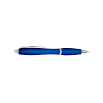 A blue plastic pen with a silver clip and accents, featuring a logo on the body.