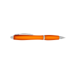 An orange plastic pen with a silver clip and accents. The pen has a sleek, modern design.