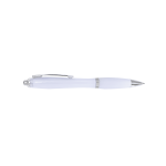 A white plastic pen with silver accents and a smooth barrel design. It features a clip for easy attachment.