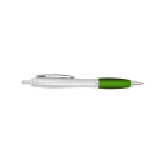 A plastic pen with a silver barrel and a green grip, featuring a clip and a branding logo.