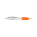 A plastic pen with a silver barrel and an orange grip, featuring a clip and a glossy finish.