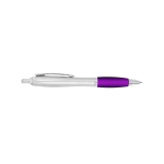 A plastic pen featuring a silver barrel and a purple grip, complete with a clip and a shiny finish.