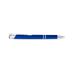 A blue metal pen with a silver clip and accents, featuring a logo on its side.