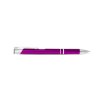 A metal pen with a sleek design in vibrant purple and silver accents, featuring a clip and a logo.