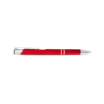 A metal pen in vibrant red with silver accents and a sleek design. It features branding on the body.