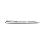 A silver metal pen with a sleek design and a clip, featuring branding on its body.