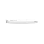 A metal pen in silver with a sleek design, featuring a clip and accents. It includes a logo.