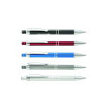 A collection of five metal pens in black, red, blue, silver, and grey with a branded logo on each.