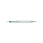 A silver metal pen with a textured grip and a clip, featuring a logo on the barrel.
