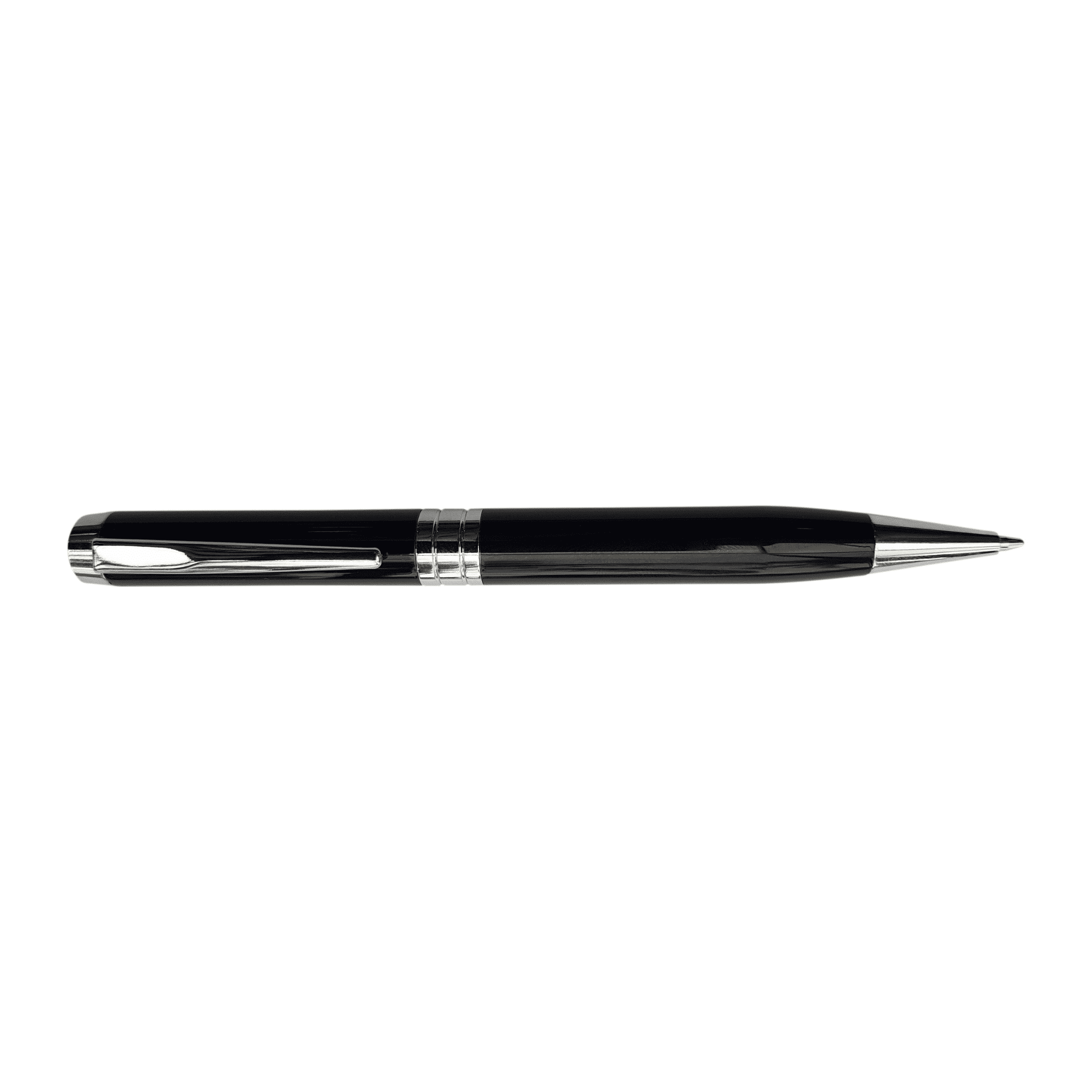 A black metal pen with silver accents and a clip, featuring a sleek design and a polished finish. A black metal pen with silver accents and a clip, featuring a sleek design and a polished finish.
