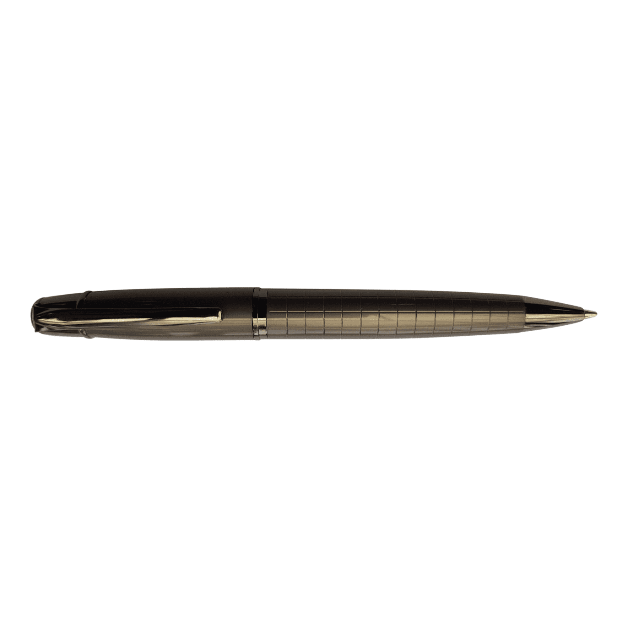 A metal pen in a sleek, dark grey finish with a textured grid design and a shiny clip. A metal pen in a sleek, dark grey finish with a textured grid design and a shiny clip.