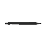 A black metal pen with a sleek design, featuring a clip and a smooth finish. It has a branding logo present.